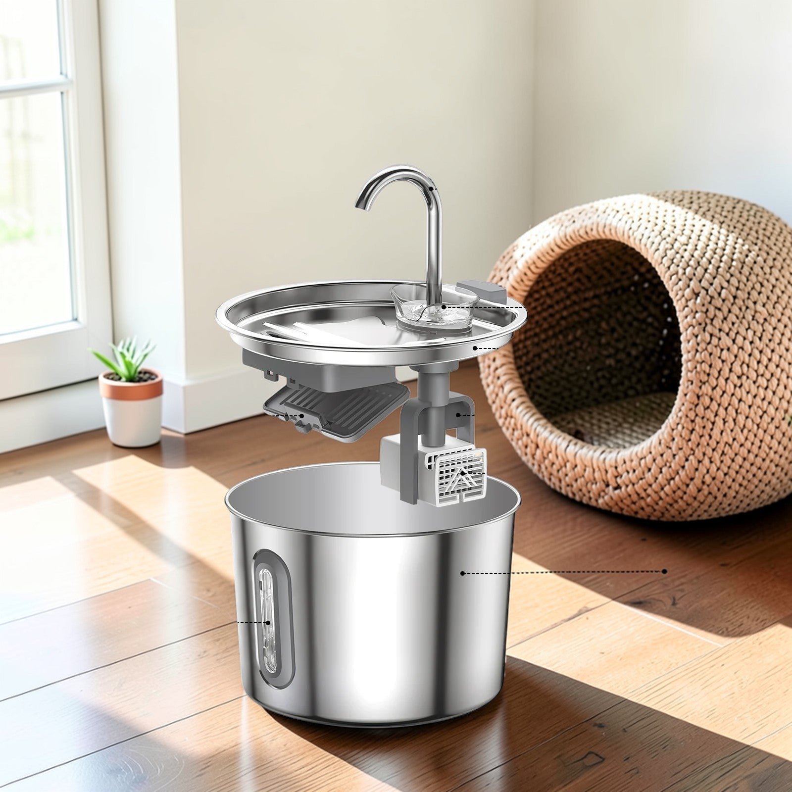 Fuente de agua con filtro triple para gatos de acero inoxidable