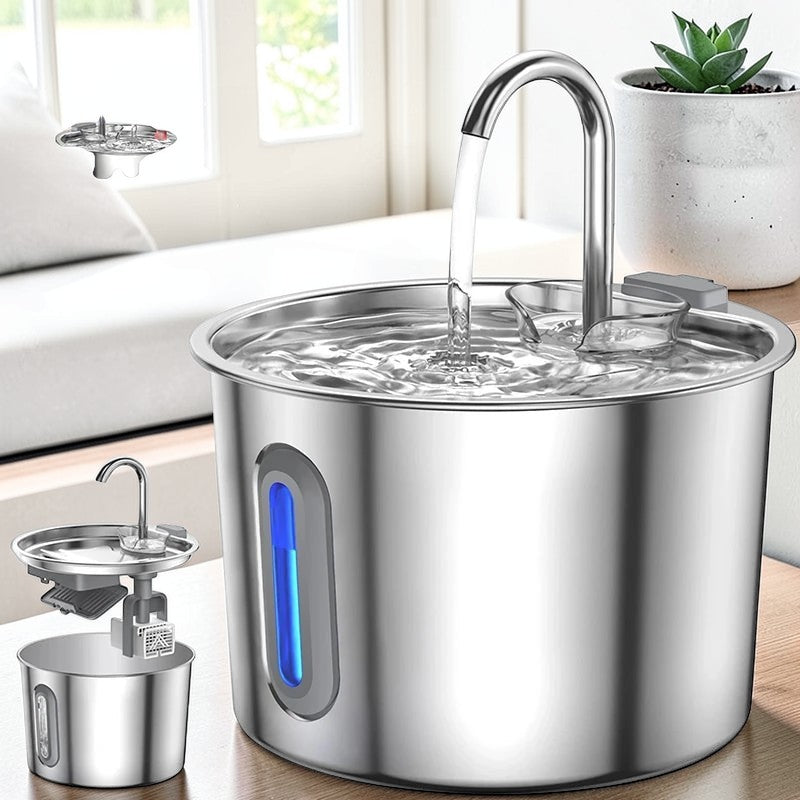 Fuente de agua con filtro triple para gatos de acero inoxidable