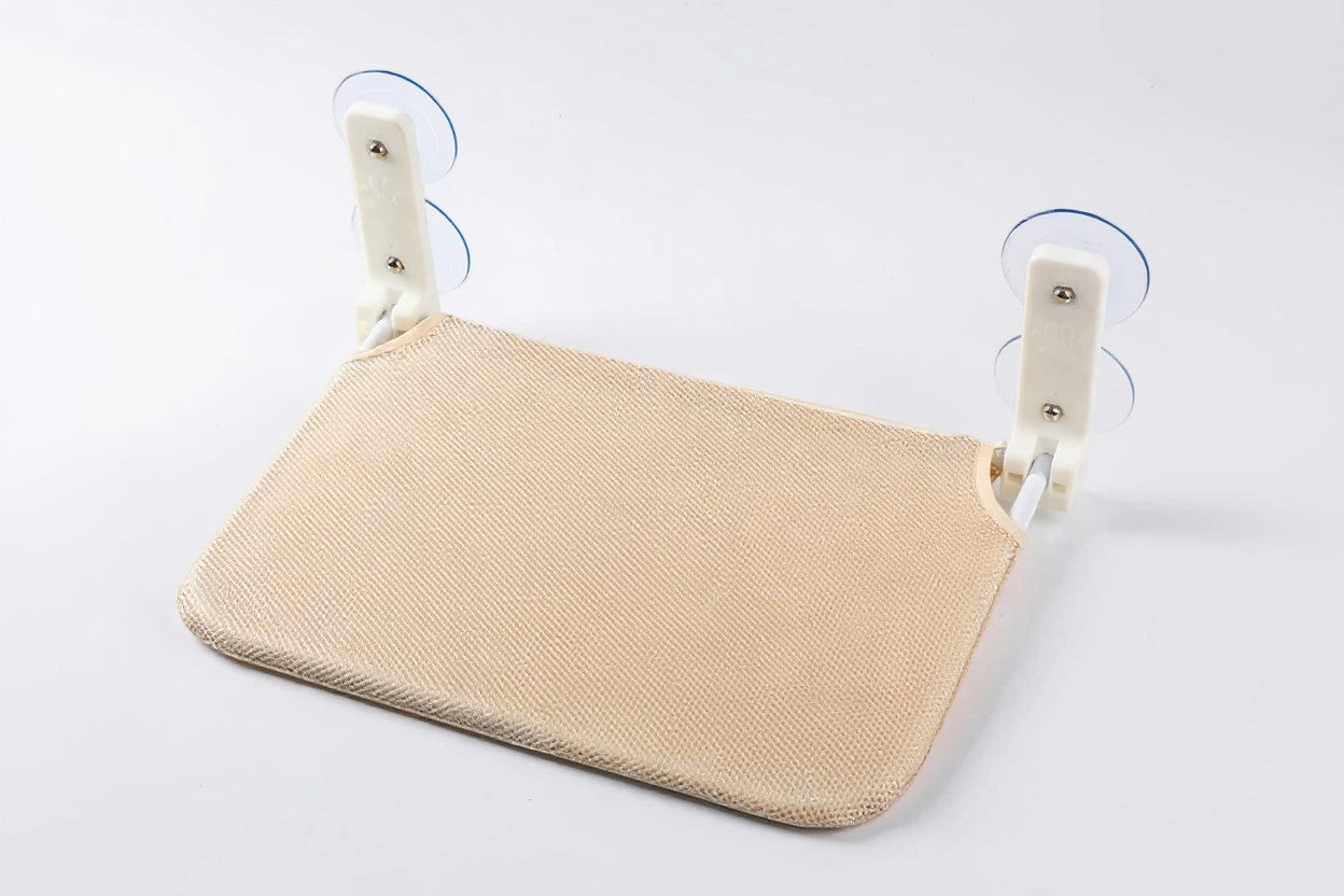 CatLoft beige mesh window hammock with suction cups, no-drill installation, 15kg capacity.