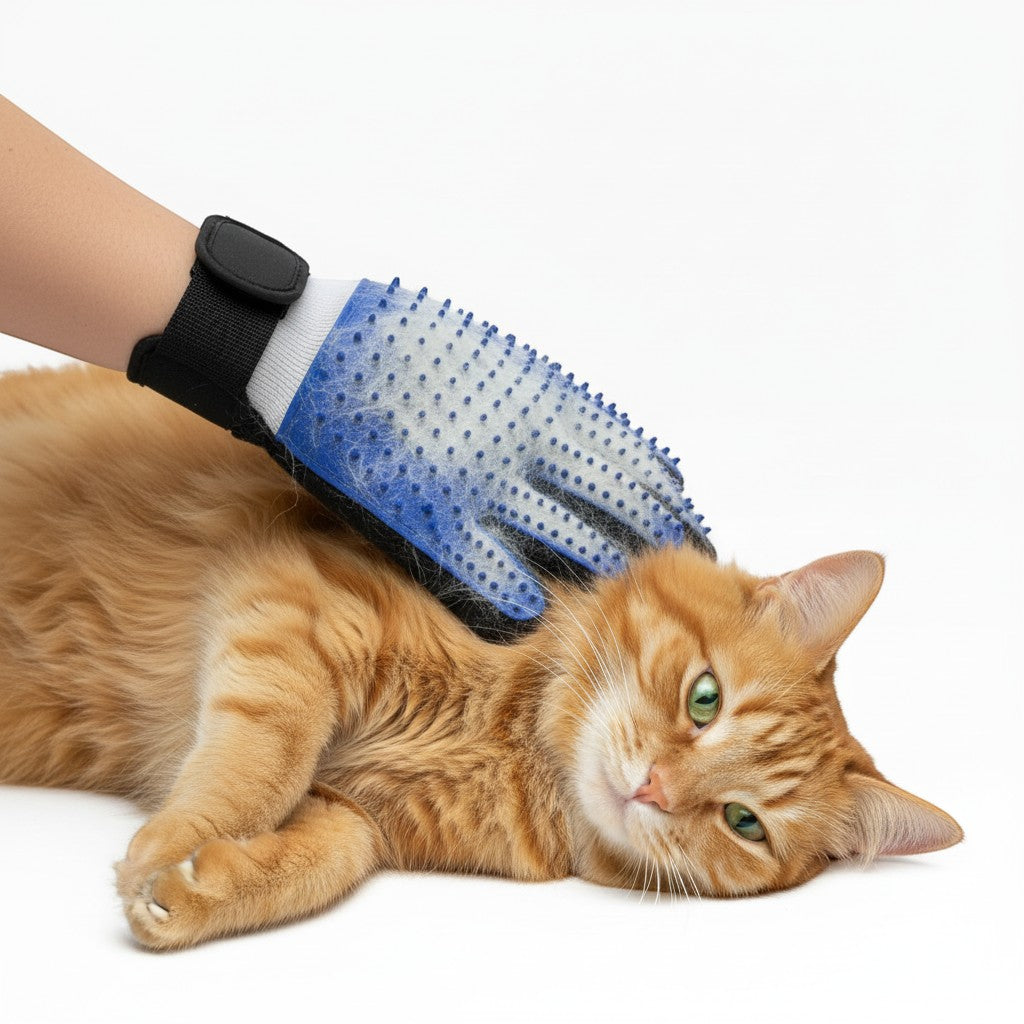 CatLoft blue silicone grooming glove with soft massage nubs for removing loose fur from cats and dogs.