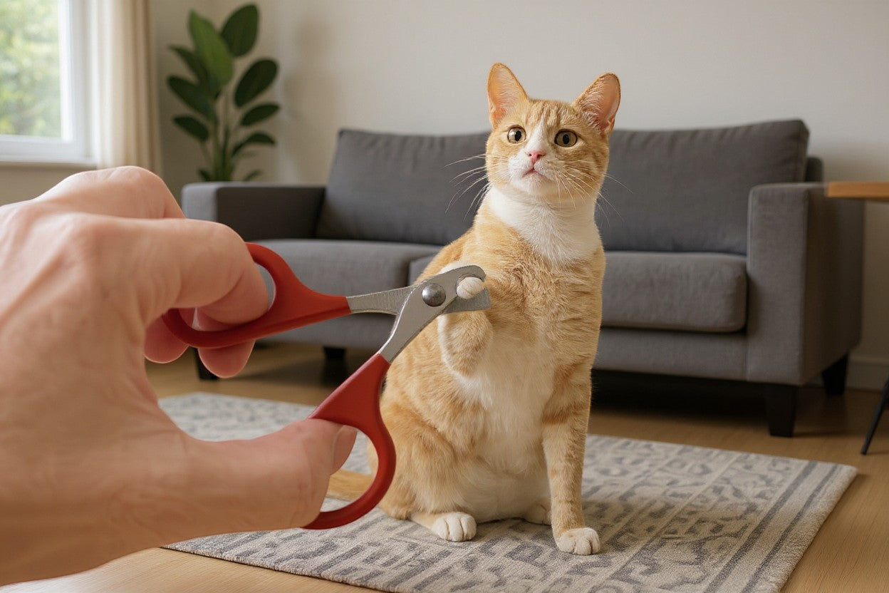 CatLoft red-handled stainless steel cat nail clippers being used to trim an orange tabby cat's nails.