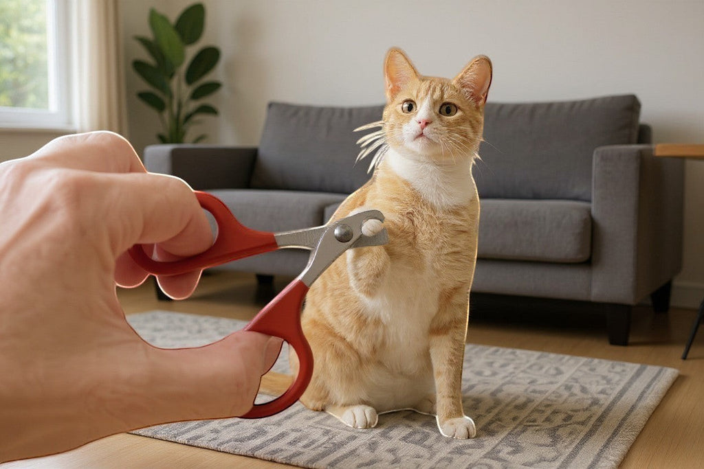 CatLoft red-handled stainless steel cat nail clippers being used to trim an orange tabby cat's nails. 