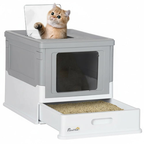 CatLoft enclosed litter box with charcoal filter, pull-out drawer, and included scoop. Grey and white.