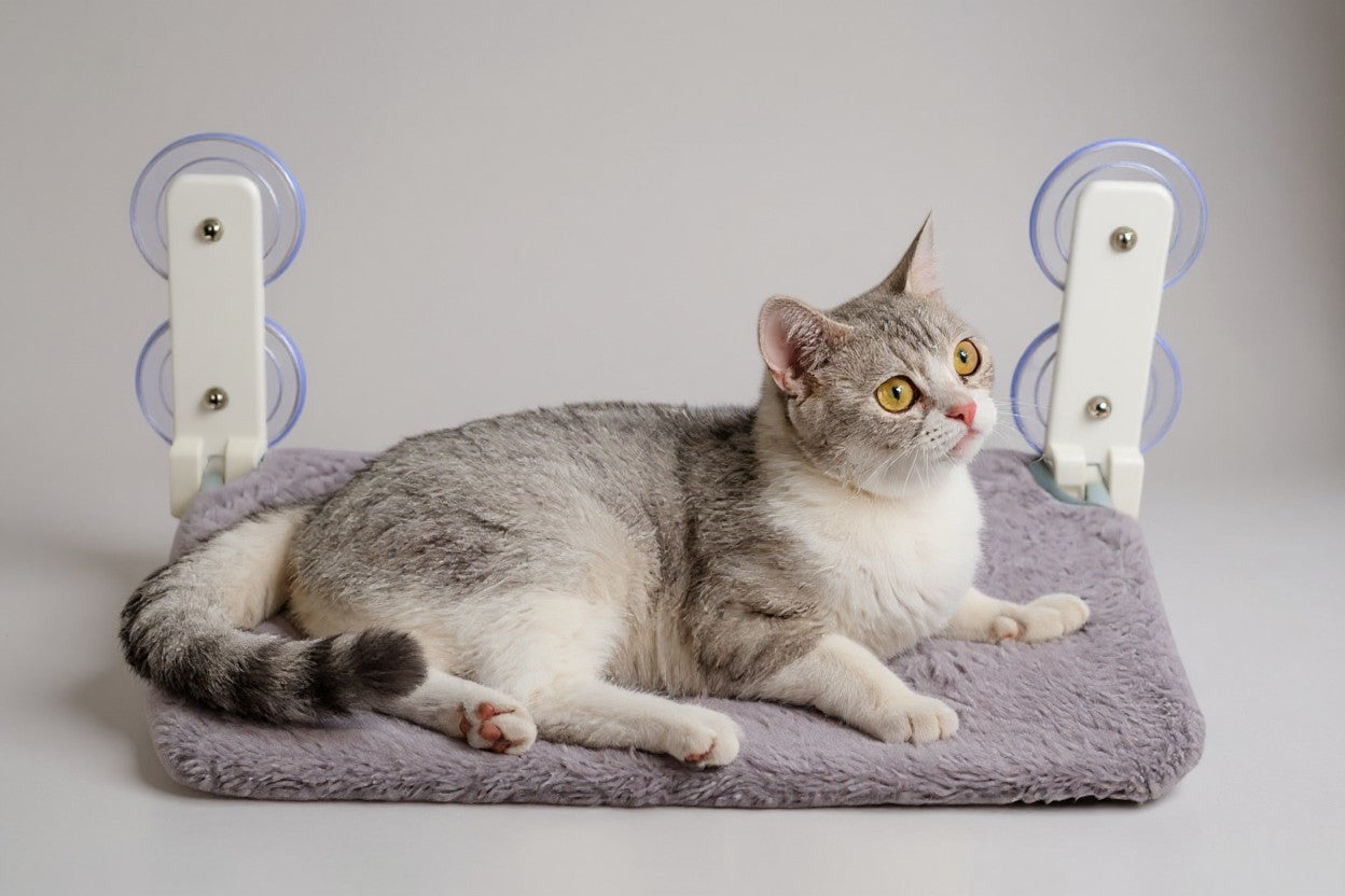 CatLoft grey plush window cat hammock with suction cups, no drilling required.