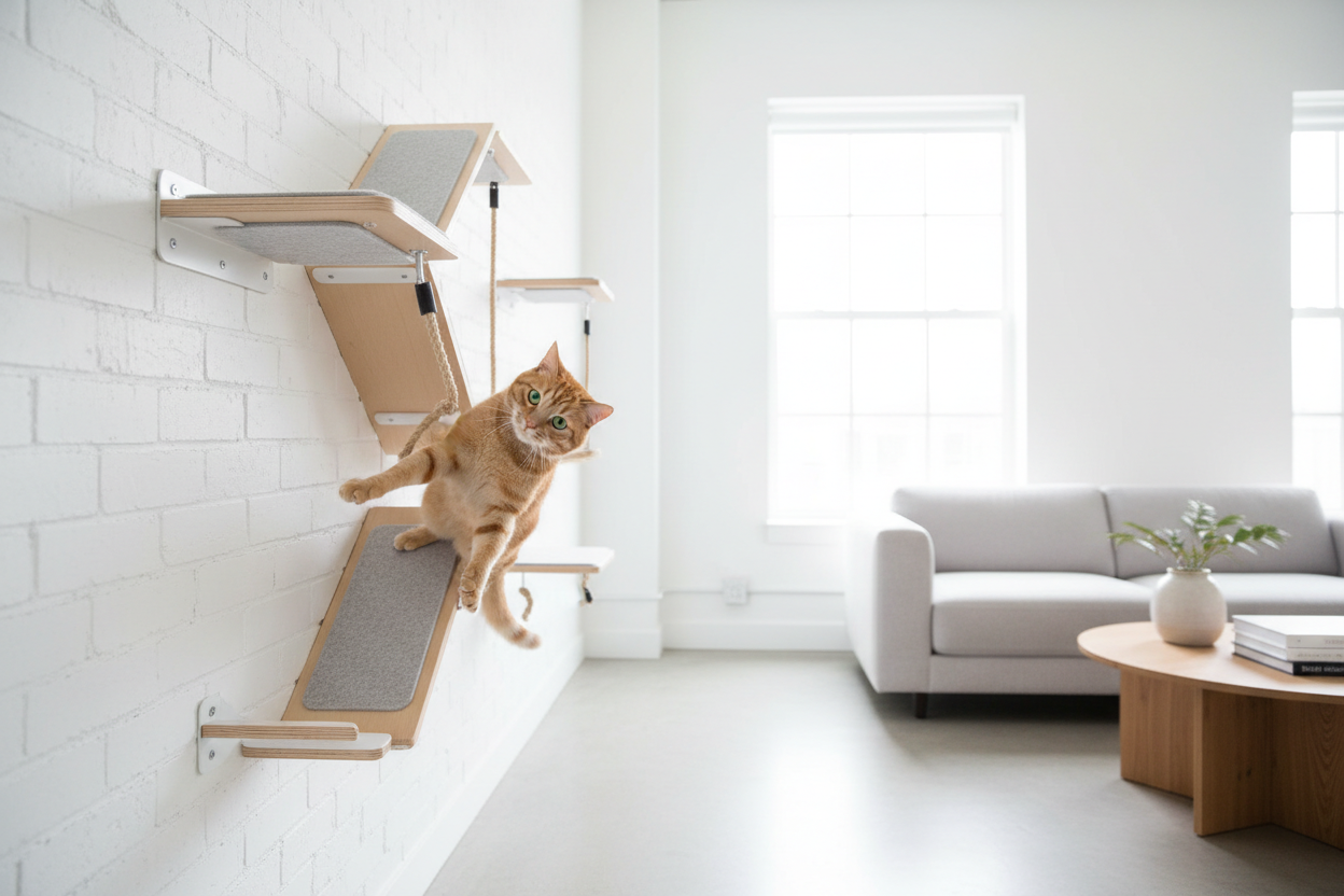 Chat sur meuble mural fond clair