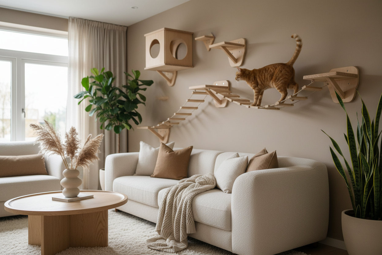 Modern luxury living room with wall-mounted cat climbing system